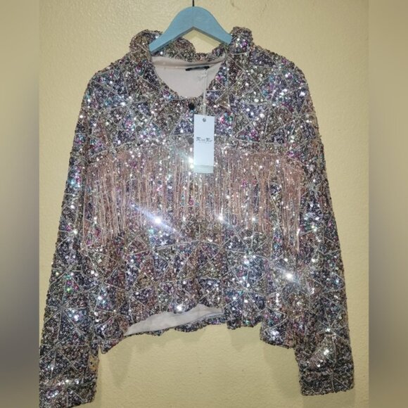 Miss me Sequin crop fringejaket rosegold size L - Picture 4 of 13